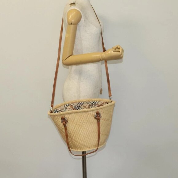 BURBERRY Blue Label Tote Bag Straw 2way Beige Silver Auth yk19134